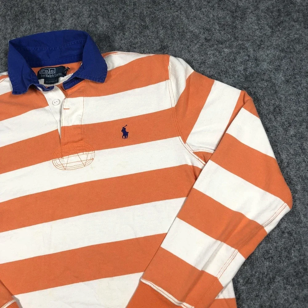 Vintage Polo Ralph Lauren Rugby Shirt Mens M Orange White Stripe Long Sleeve